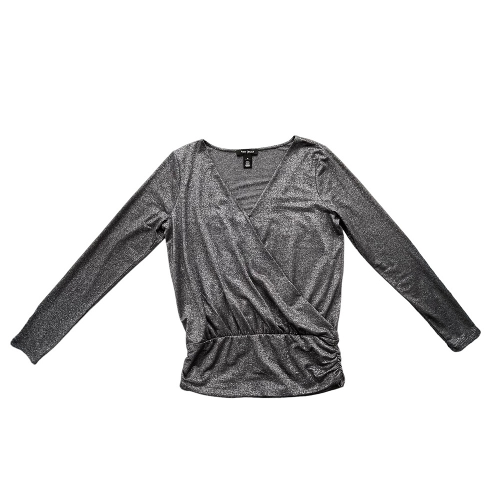 White House Black Market Women’s Sz Medium Black Silver Metallic Wrap Top Blouse
